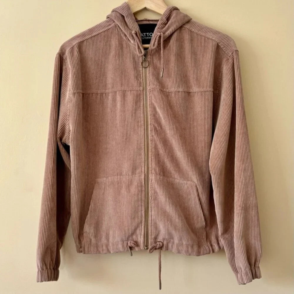 Tattoo| Women’s Tan Casual Corduroy Bomber Jacket Hoodie, Size M